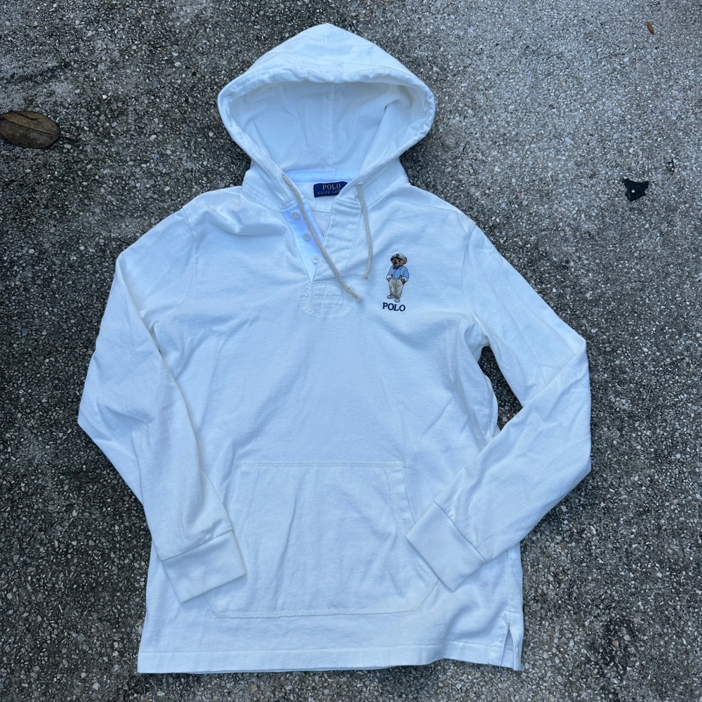 Polo Ralph Lauren Mens White Polo Bear Hooded Henley Small Long Sleeve Cotton